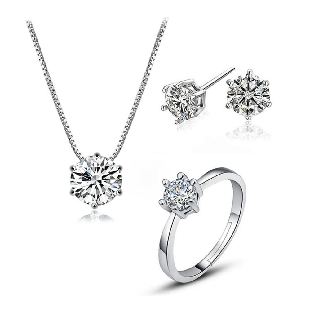 [Set of 3] 925 Sterling Silver Solitaire Diamond